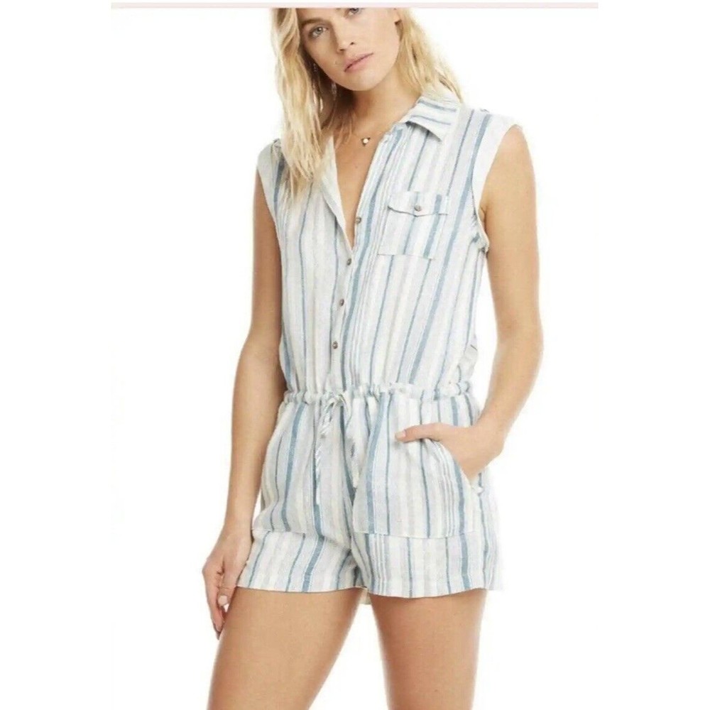 NWT Chaser Romper Blue White Striped Linen Blend Women’s Medium
